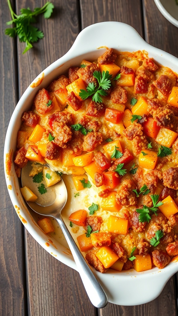 A hearty Marie Blanche casserole with mixed vegetables and a crispy breadcrumb topping, garnished with parsley.